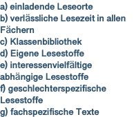 a) einladende Leseorte b) verlässliche Lesezeit in allen Fächern c) Klassenbibliothek d) Eigene Lesestoffe e) interessenvielfältige abhängige Lesestoffe f) geschlechterspezifische Lesestoffe g) fachspezifische Texte